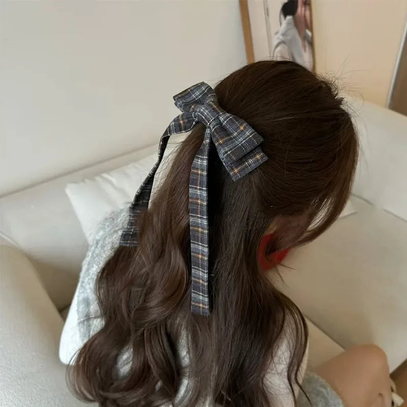 Vintage Plaid Print Bow Hairpins Women Girls Hair Clips Claw Elegant Barrettes Accessories Hairclip Headdress Headwear Ornament Quake blue