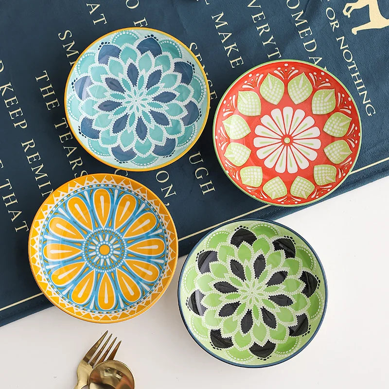 4pc Bohemian Ceramic Plate - Side Dish, Appetizer, Sauce, Bread, Pastry & Breakfast Plates, Safe for Dishwasher& Microwave Quake