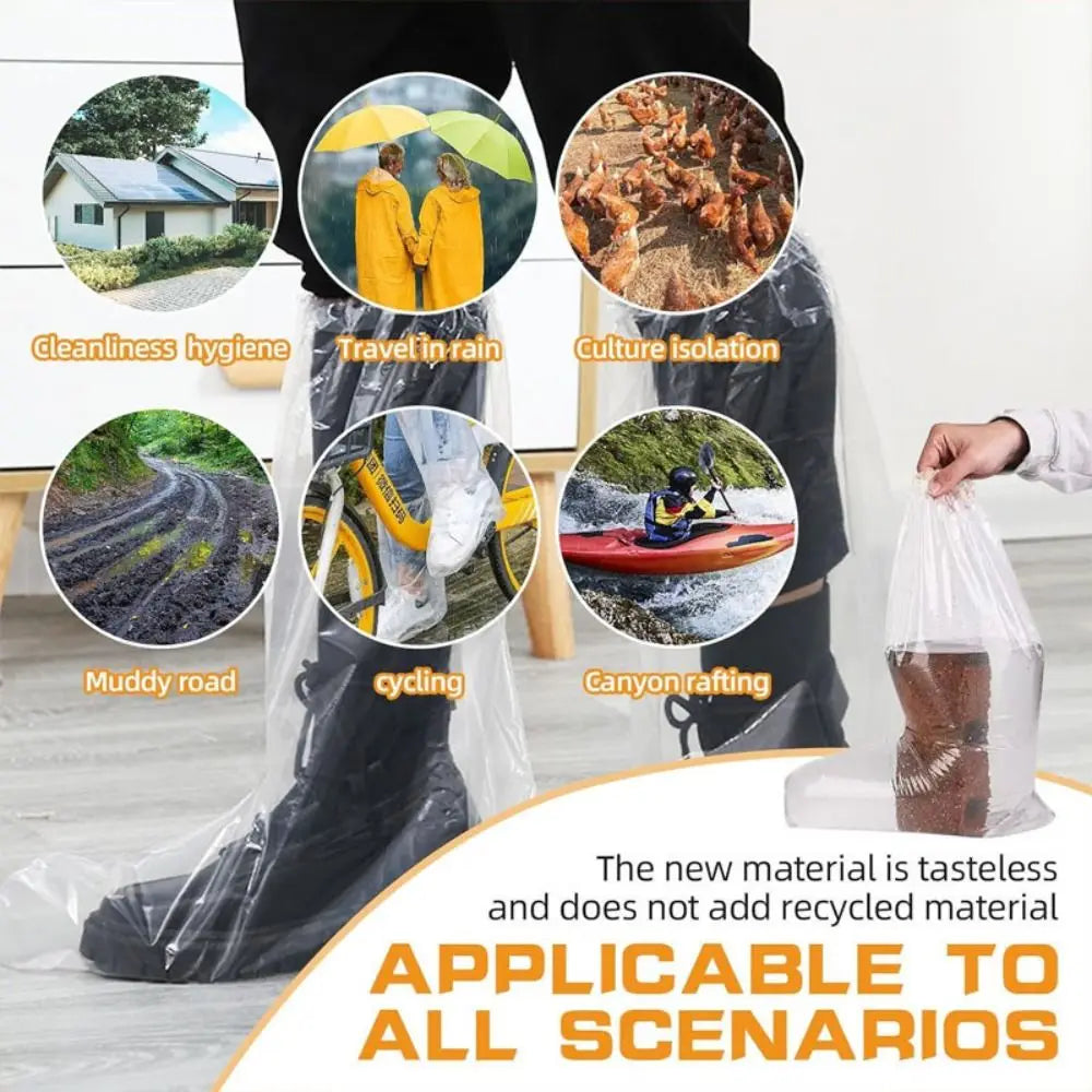 10Pcs Waterproof Rain Shoes Cover Thickened Transparent Disposable Shoe Cover with Rubber Band Wear-resistant Long Boot Covers Quake
