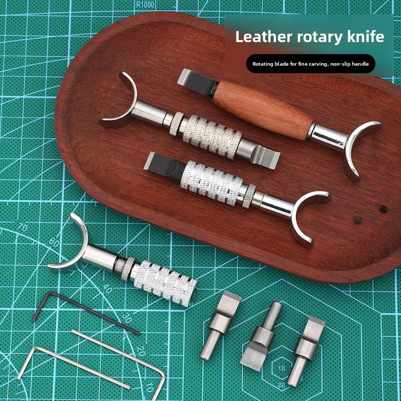 Rotary Leather Carving Knife Extended Handle with 3 Replaceable Carving Stamping Blades Set for Leather Craft DIY Tooling Quake
