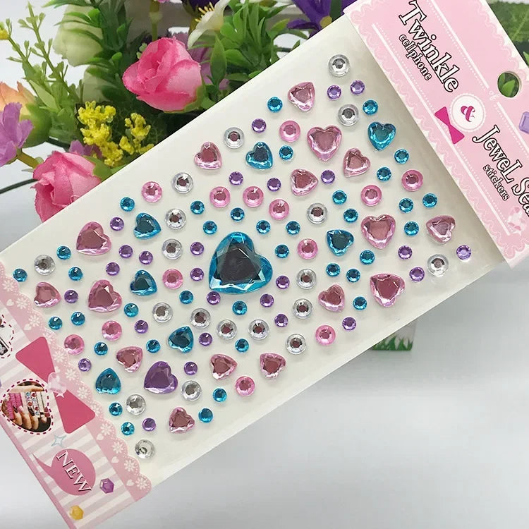 Rhinestone Crystal Face Stickers Diamond Face Makeup DIY Decoration Disposable Acrylic Tattoo Stickers Drill Phone Eyes Sticker Quake Heart-sky blue pink