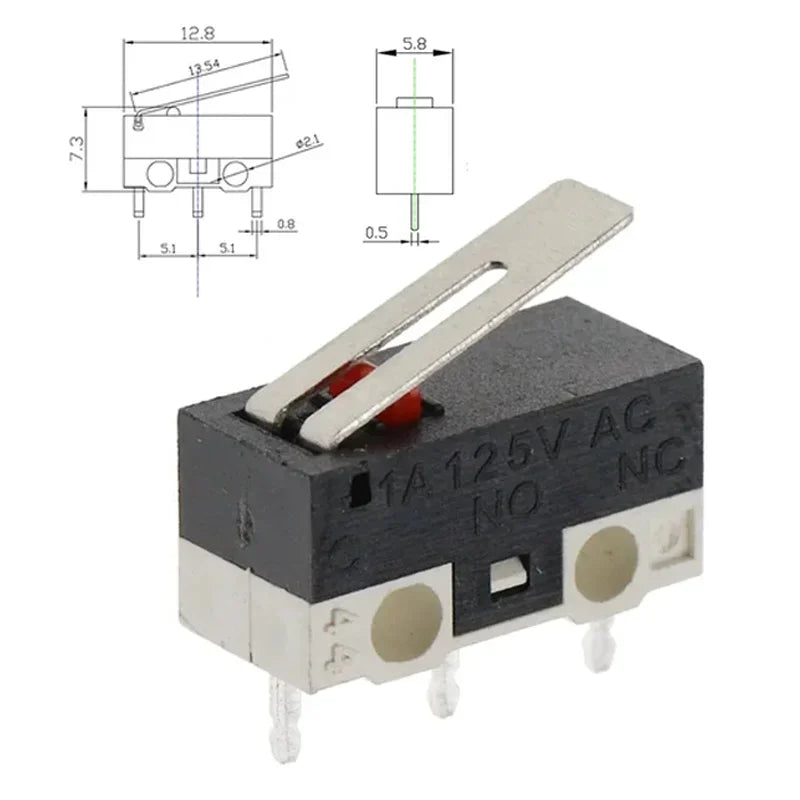 Micro Limit Switch 1A 125V Mouse Switch SPDT 3Pin Momentary Push Button Switch Without Handle/ With Handle/ With Roller Handle Quake HANDLE 100PCS