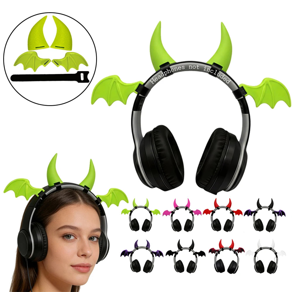 1Set 3D Devil Horns and Wing Headphone Decorations,Cool Devil Horns and Wing Headset Decor Frosted Texture for Any Headphones Quake