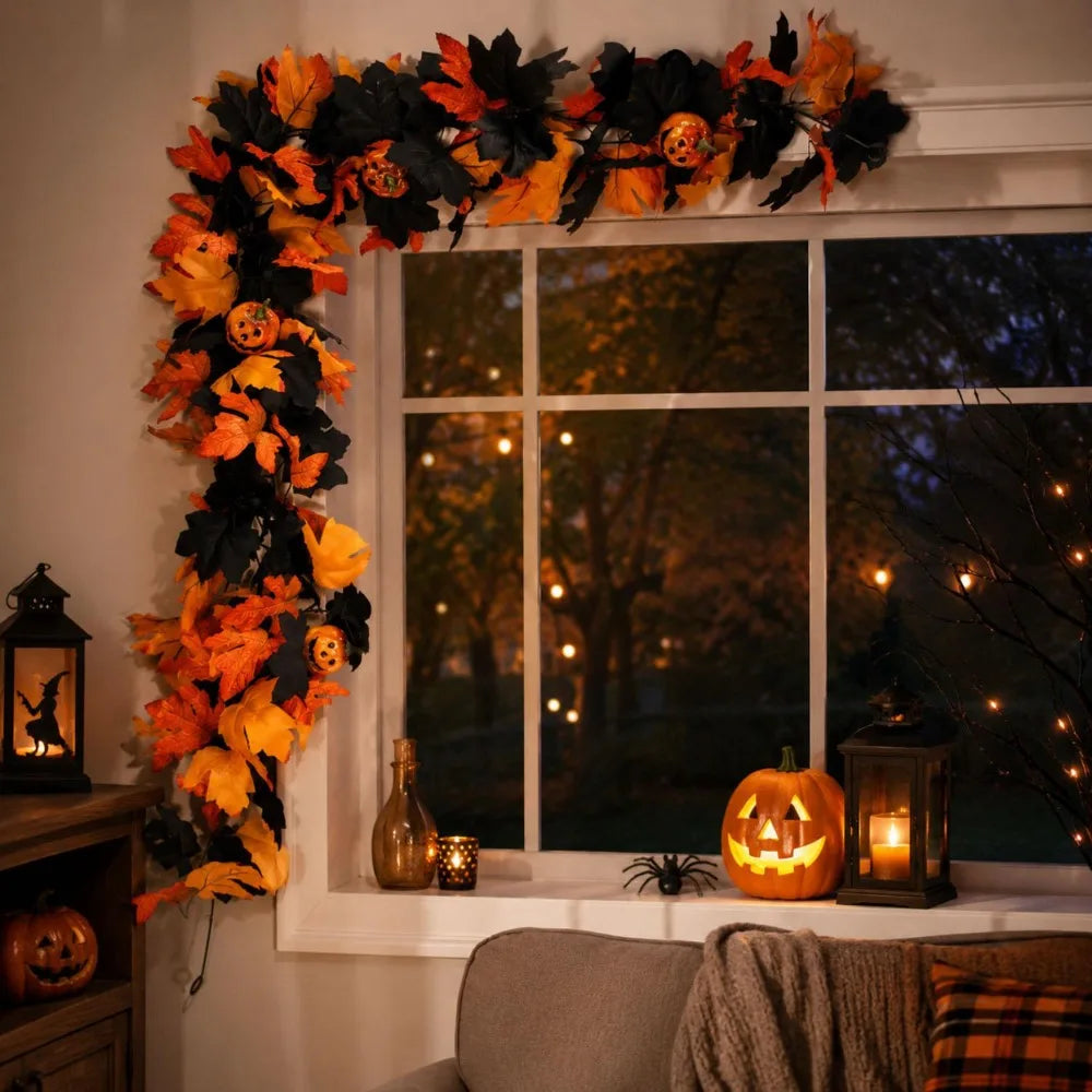 Artificial Maple Leaves Garland Autumn Vine with Fake Pumpkin Ornaments for Halloween Thanksgiving Fireplace Table Fall Decor Quake