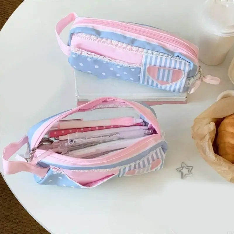 Pencil Soft Polyester Pen Case with Zippers Closure, Pink Blue Patchwork Stationeries Bag for Students and Homework K1KF Quake