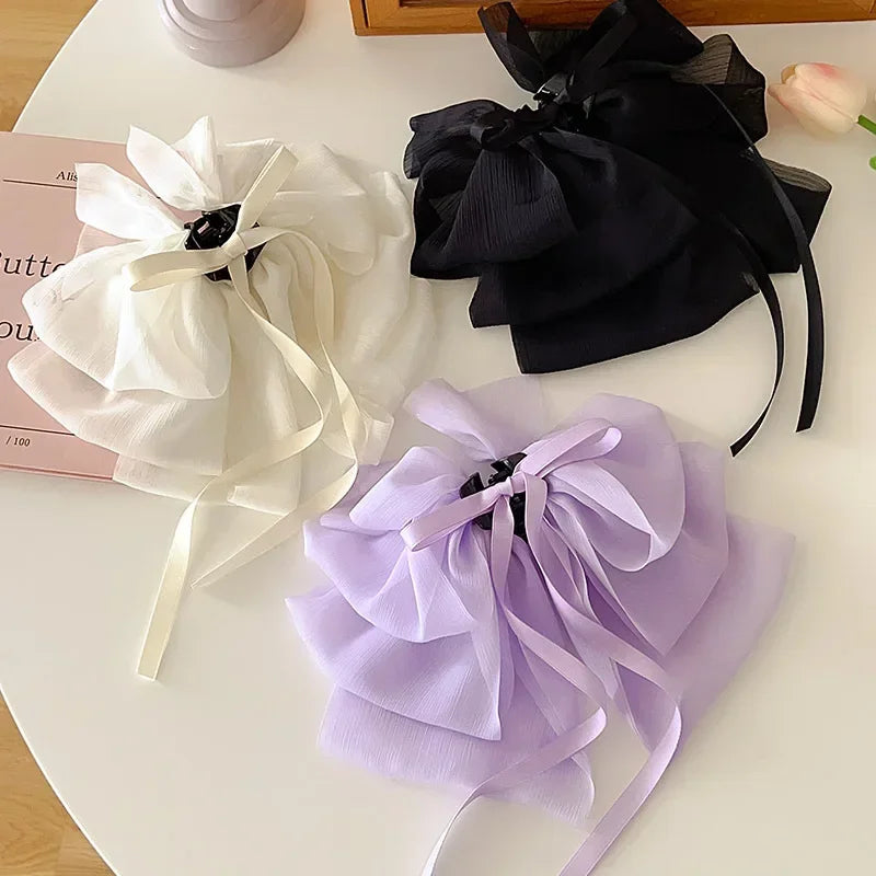 Korean Mesh Bowknot Hair Claw Sweet Ribbon Bow Hairpin Bang Clip Korean Girls Fashion Grab Clip Female Headwear Hair Accessories Quake