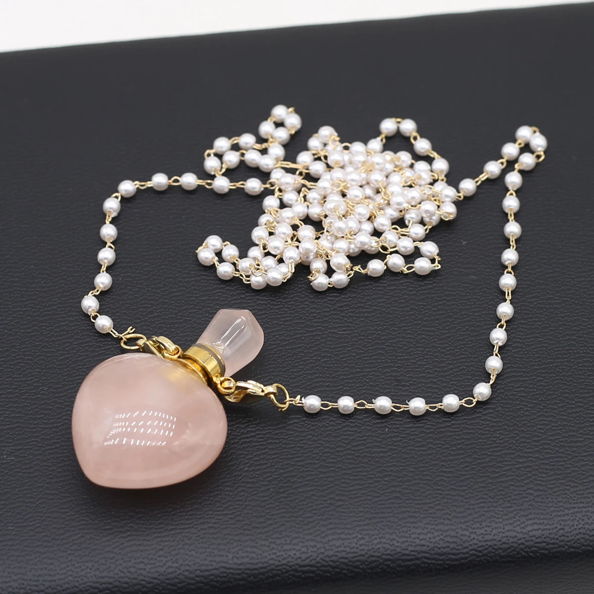 Perfume Bottle Necklace Natural Stone Rose Quartz Perfume Bottle Pendant For Women Christmas Halloween Gift Chain 80cm Quake