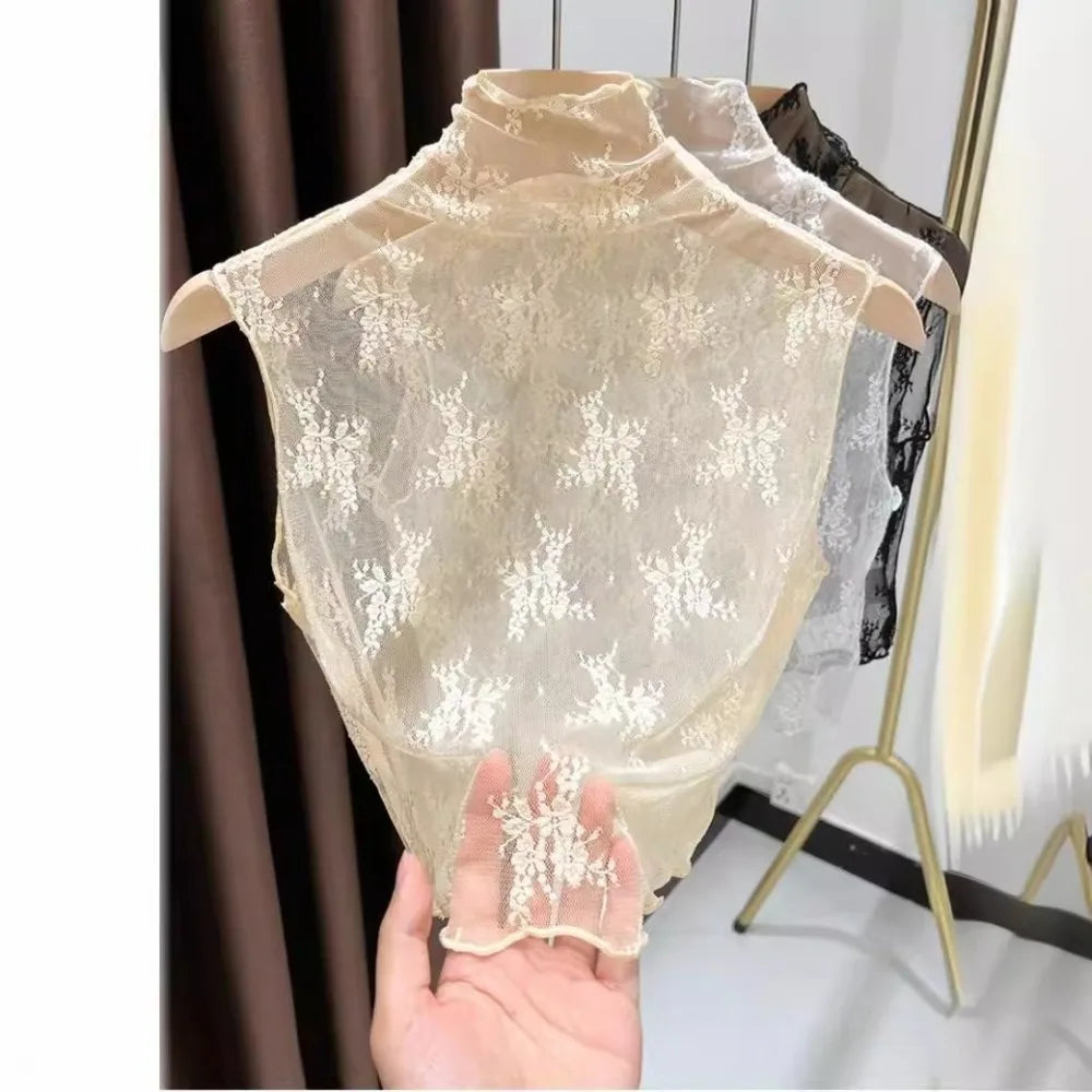 Fashion Lace Floral Fake Collar Detachable White Black Blouse Shirt Removable Collar Gauzy Slim Lace Tanks Women Quake Apricot L