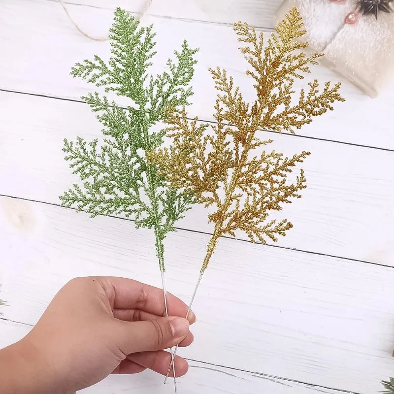 10/5Pcs Artificial Plants Pine Branches Christmas Glitter Gold Leaves Xmas Tree Decoration Pendant Christmas Home Decoration Quake