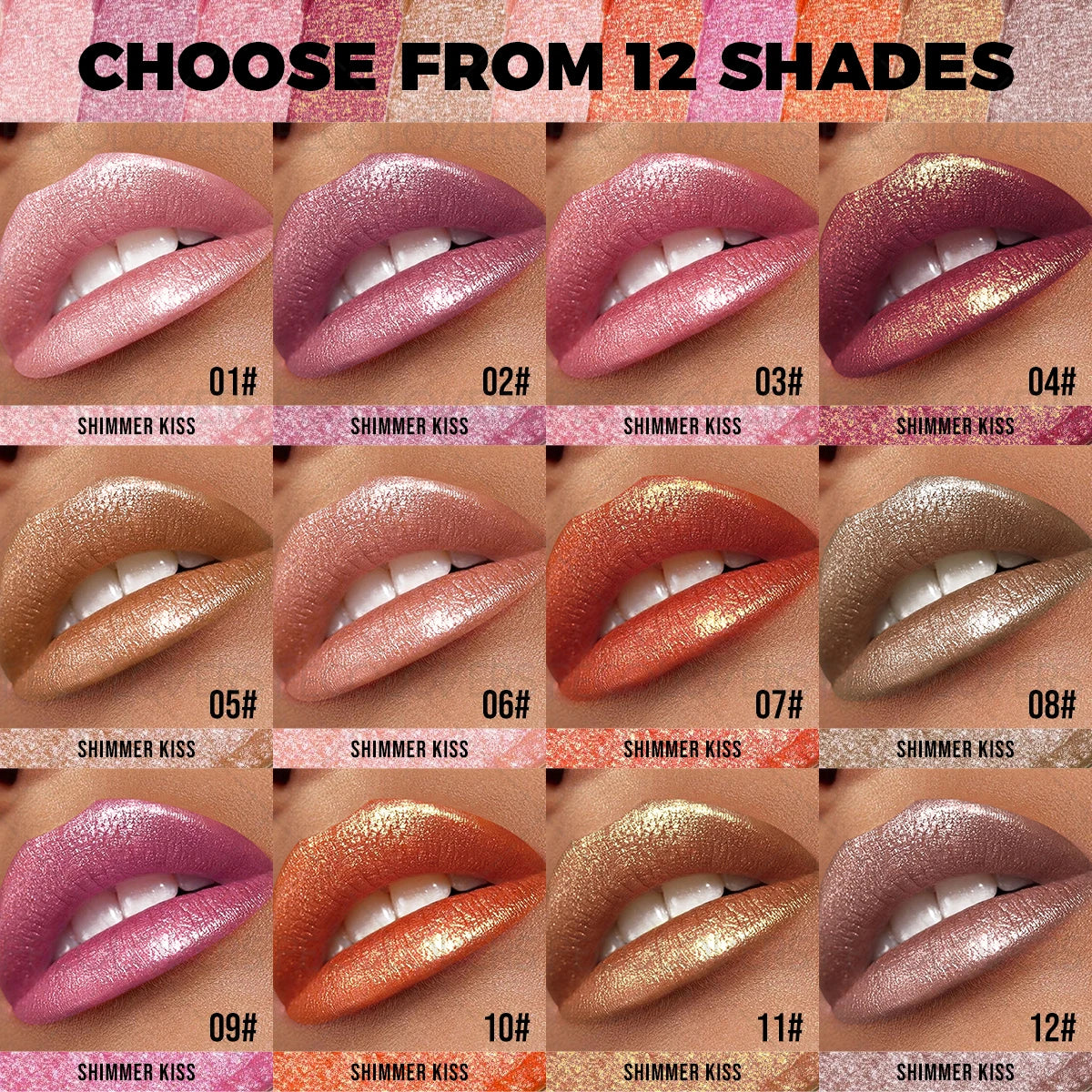 12 Pcs/set Elegant Glitter Lipstick for Woman, Shimmer Golden Pink Colors Tones, Sparkling Metallic Colos, All Light Beige Types Quake