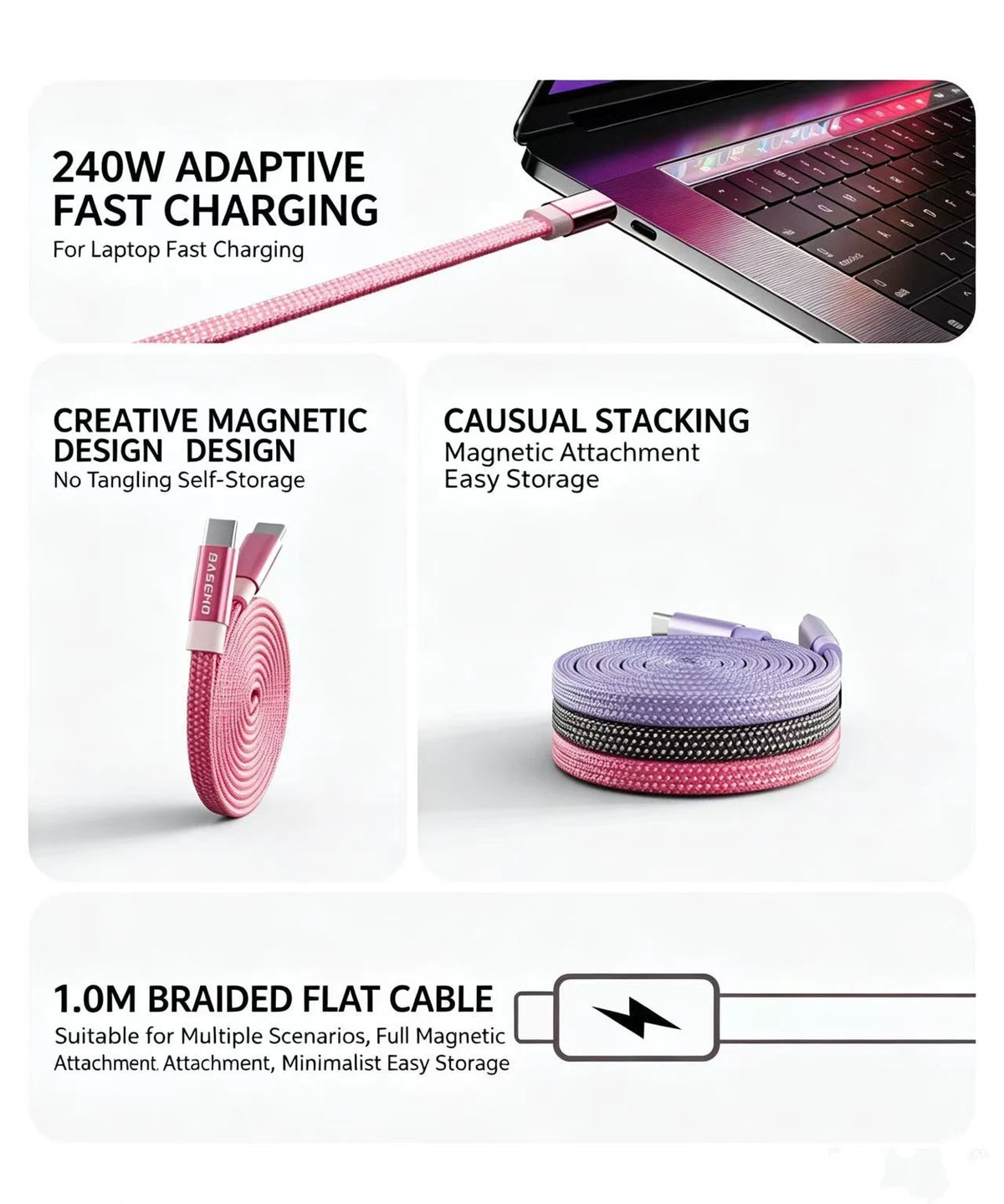 Magnetic 240W Fast Charger Cable USB C To C for Phone Quake