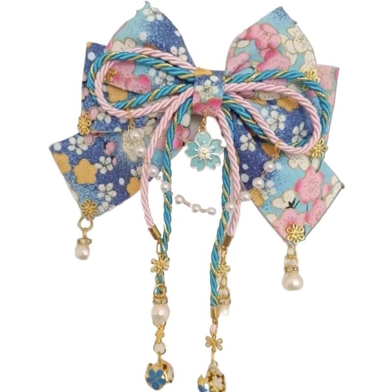 Japanese Style Girl with Hot Stamping Cherry Blossom Bow Hair Accessory Lolita Tassel Edge Clip Quake