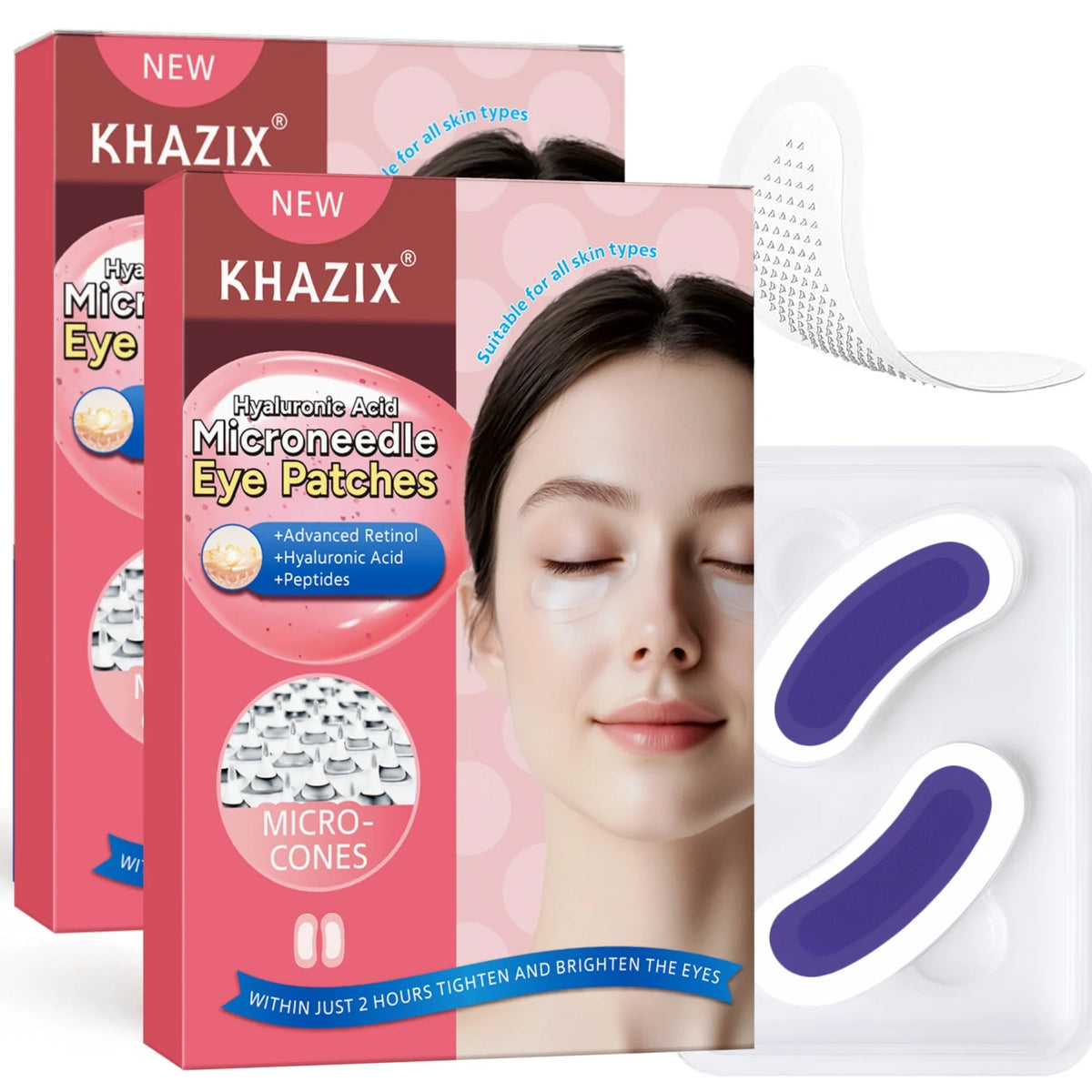 Anti-Wrinkle Retinol Microneedle Eye Patches, Hyaluronic Acid & Peptides, for Crow's Feet Forehead Smile Lines, 1Pair. Quake pink