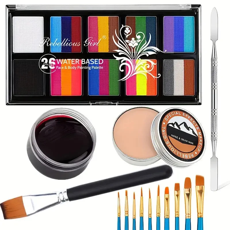 6 PCS SFX Body Paint Makeup Set 26 Colors Face Body Painting Special Effect Halloween Party Wound Scar Wax Makeup with Spatula Quake 6 pcs