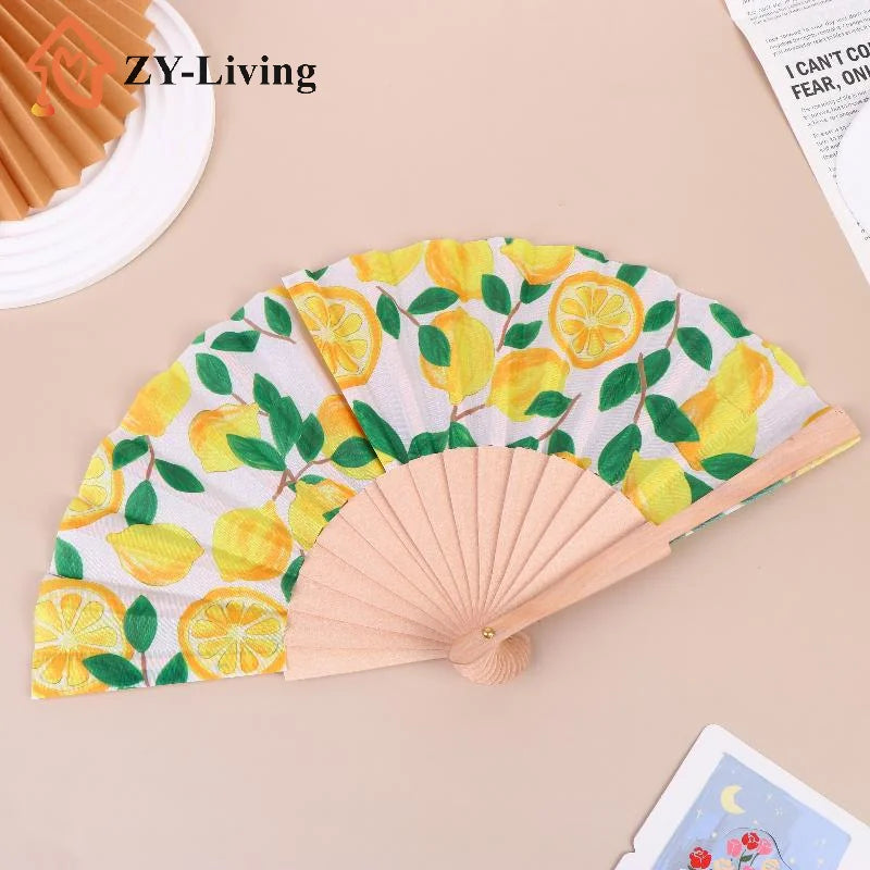 1Pcs Lemon Print Folding Hand Fan Fruit Pattern Bamboo Fabric Handheld Fan For Summer Cooling Dance Performance Party Decor Quake Default Title
