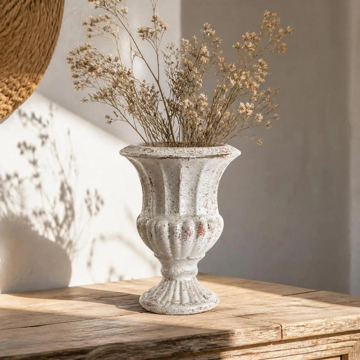 Decorative Fluted Vase Vintage-Influenced, Vase with Pedestal Base, Rustic, Quake