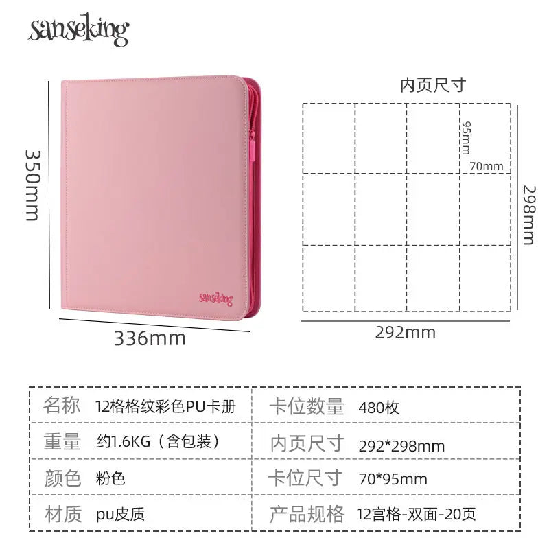 For Pokemon Premium Zipper 4/9/12 Pocket PU Card Binder Aesthetic Pink White Album for Pokemon Cards Game Collection Fan Photos Quake 12-Grid Pink