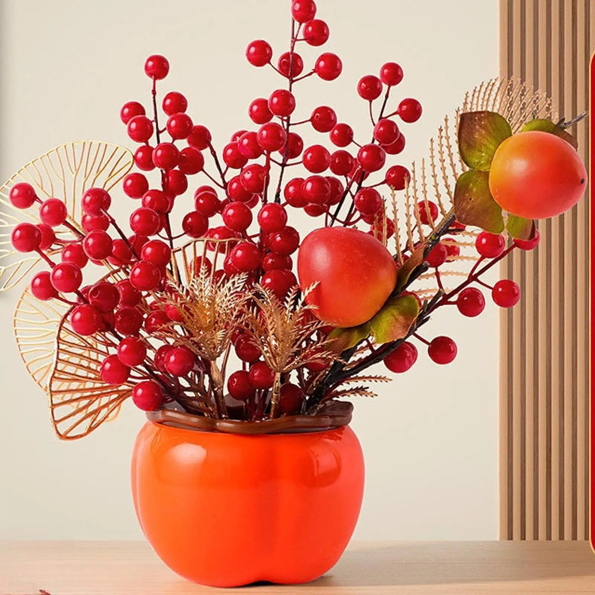 Chinese Lunar New Year Decoration Fake Flower Blessing Bucket Artificial Berry Branches for Restaurant Home Birthday Office Quake