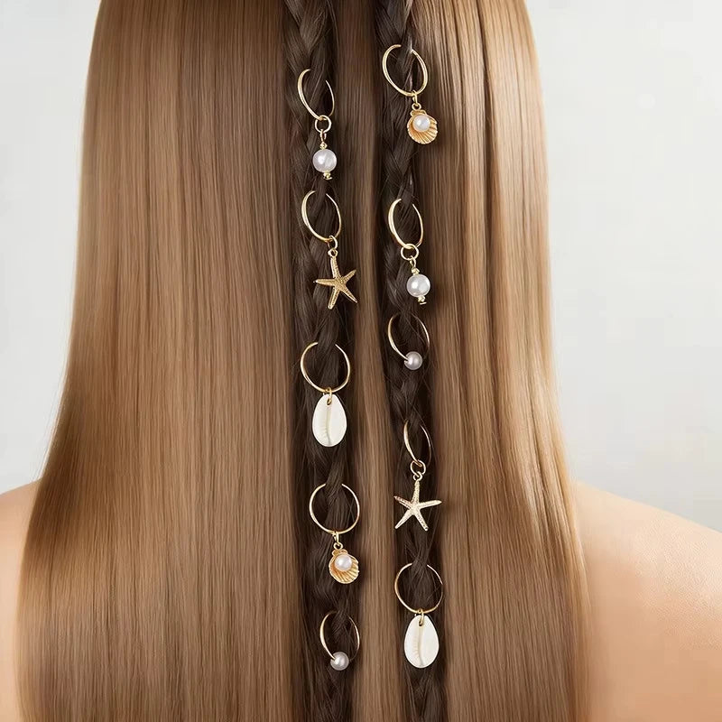 10PCS/Bohemian Resort Wind Alloy Starfish Headgear Shell Pearl Hair Accessories Multi-piece Set Ring Ladies Hair Band Quake