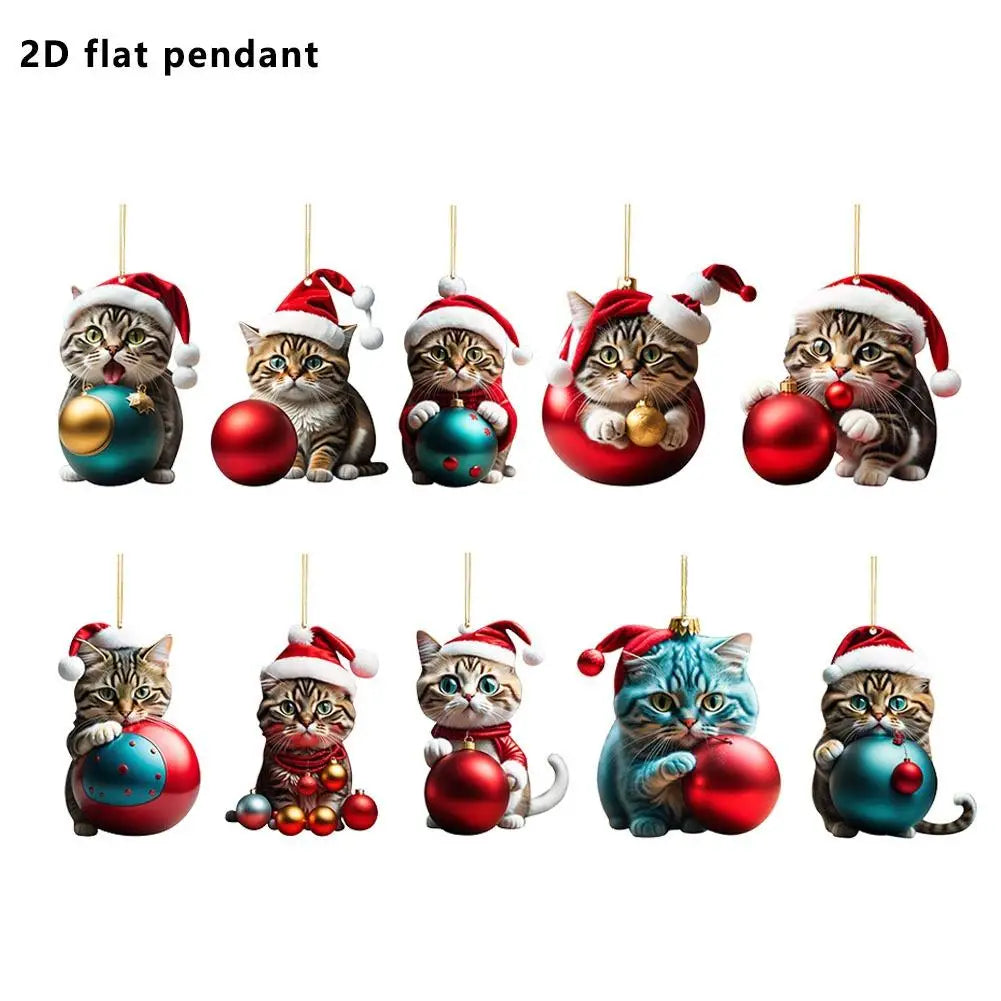 Christmas Tree Cat Ornaments 10PCS Acrylic Hanging Decorations Cute Winter Cat Santa Hat Pendants Xmas Holiday Decor Quake 10pcs