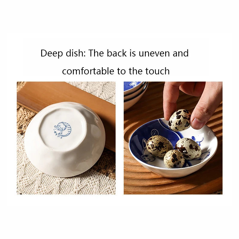 YWDL 4pcs Deeper Cat Ceramic Sauce Dish Set Cute Cartoon Soy Sauce Seasoning Household Tableware Dip Dish Sushi Sauce Snack Dish Quake