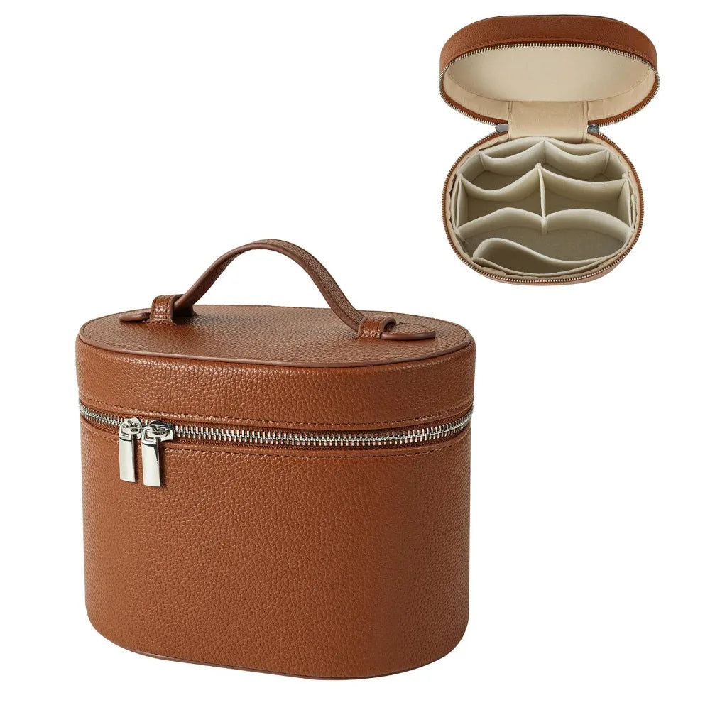 Large Capacity Cosmetic Box PU Leather Waterproof Makeup Bag Zipper Closure Internal Storage Box Toiletry Pouch Gift Idea Quake Brown 1