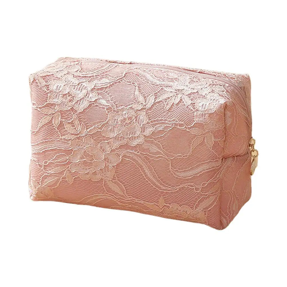 Lace Mesh Women's Makeup Bag Large Capacity Cosmetic and Jewelry Organizer Bag Zipper Square Portable Toiletry Bag Quake Pink