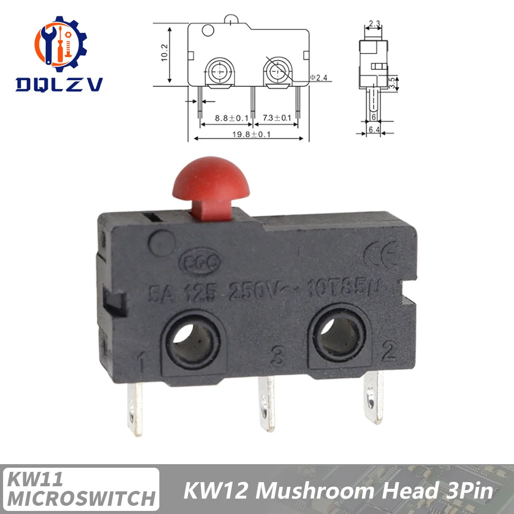 5A 125V250V KW12 Travel Limit Switch KW11-3Z-2 With Handle 16mm Contact Button Micro switch KW12-N 2Pin/3Pin KW12-A NO/NC Quake Red round head 15PCS
