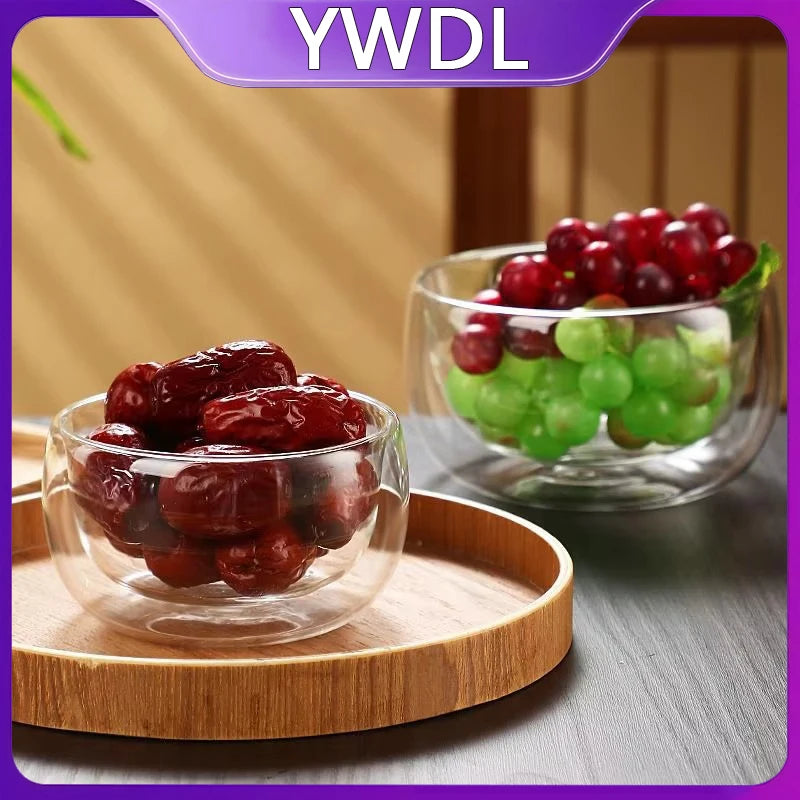 YWDL 300/500ml Clear Double Layer Glass Bowl Heat-resistant Fruit Salad Bowl Kitchen Glassware For Soup Cereal Dessert Bowls Quake
