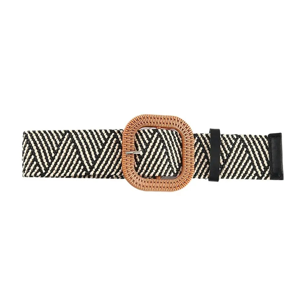Summer Casual Elastic Braided Waistbelt Wide Straw Belt Waist Belt Quake Black white-Style 2