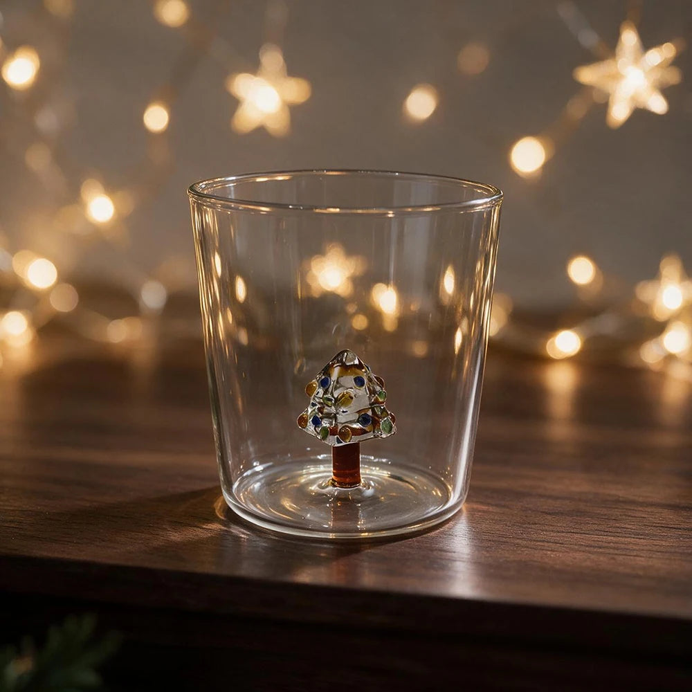 YWDL Christmas Glass Cup 300ml 3D Handmade Glass Figurine Inside Borosilicate Tumbler Xmas Tree Santa Drinking Gift Home Decor Quake tree diamonds 300ml