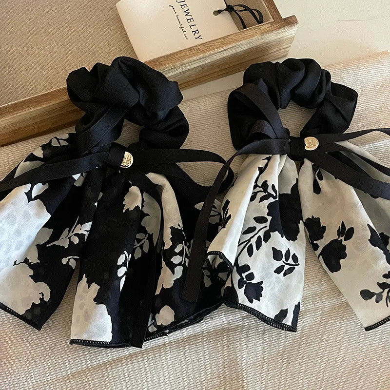 French Elegant Flower Streamer Bow Large Intestine Hair Band Women's New Retro High-end Headband Gentle Headgear Women Quake
