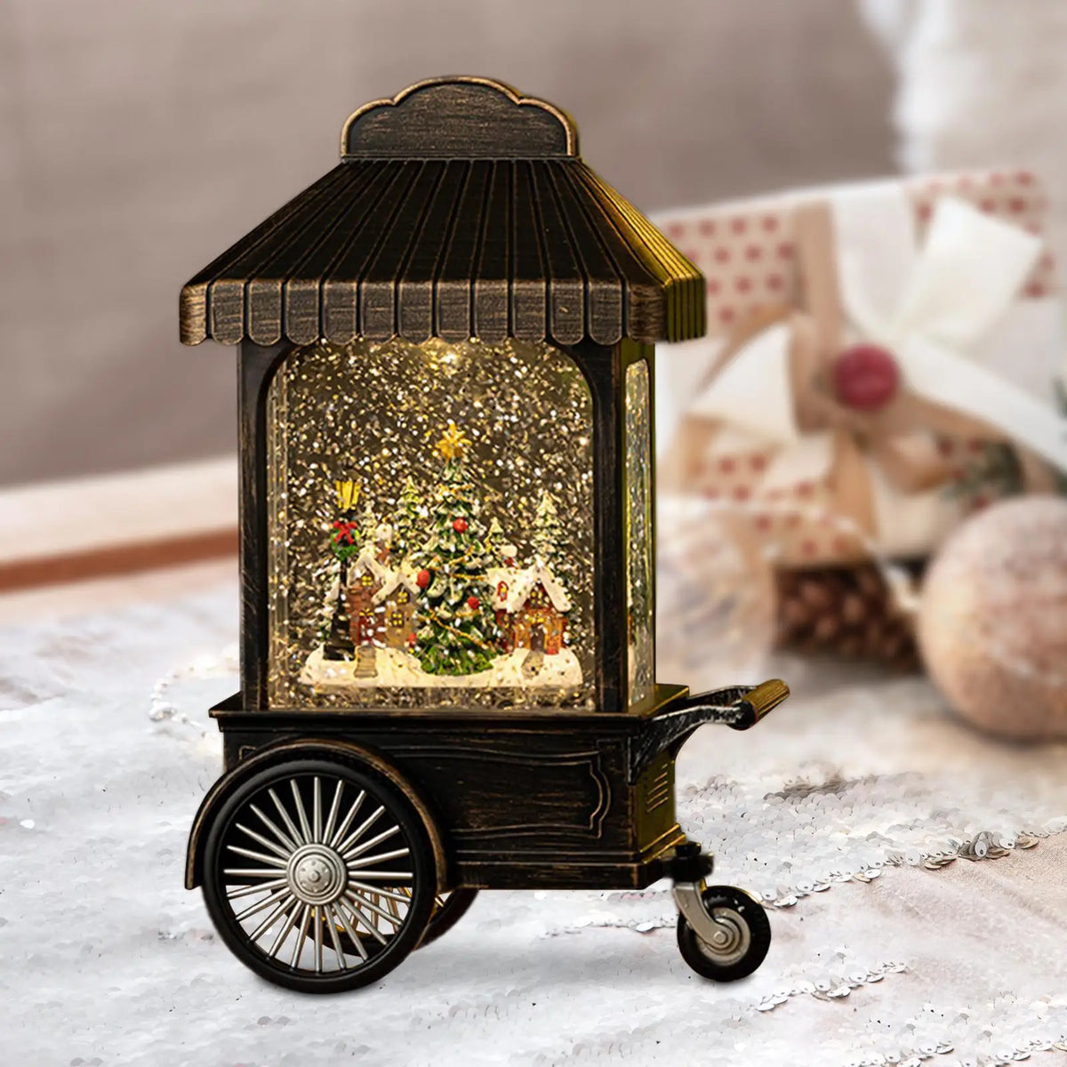 Christmas Snow Globe Lighted Decorative Glitter Tabletop Ornament Christmas Quake Bronze Village