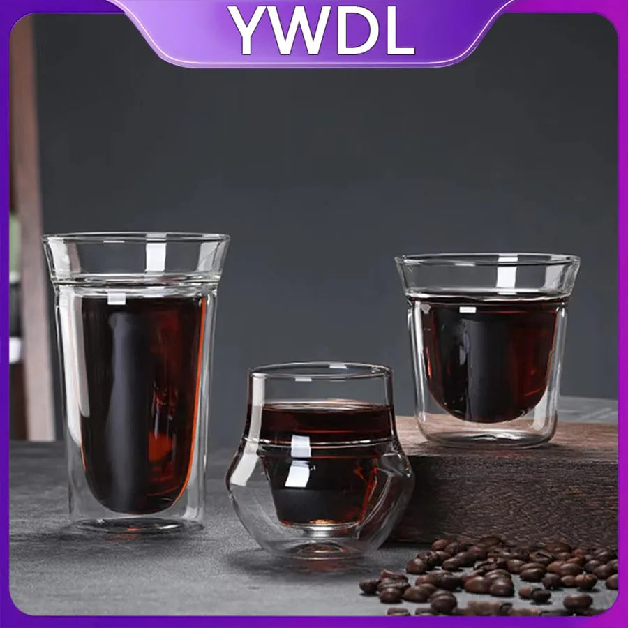 YWDL 2PCS Double-layer Glass Cup Set Espresso Coffee Cup Anti-scalding Brandy Wine Shot Glass Teacup Clear Mug 120/180/280ml Quake