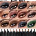 12 Pcs Double-head Highlighter Eyeshadow Stick, With Soft Brush, Brown Forest Green Midnight Blue, Colored High Pigmented Quake SET 08