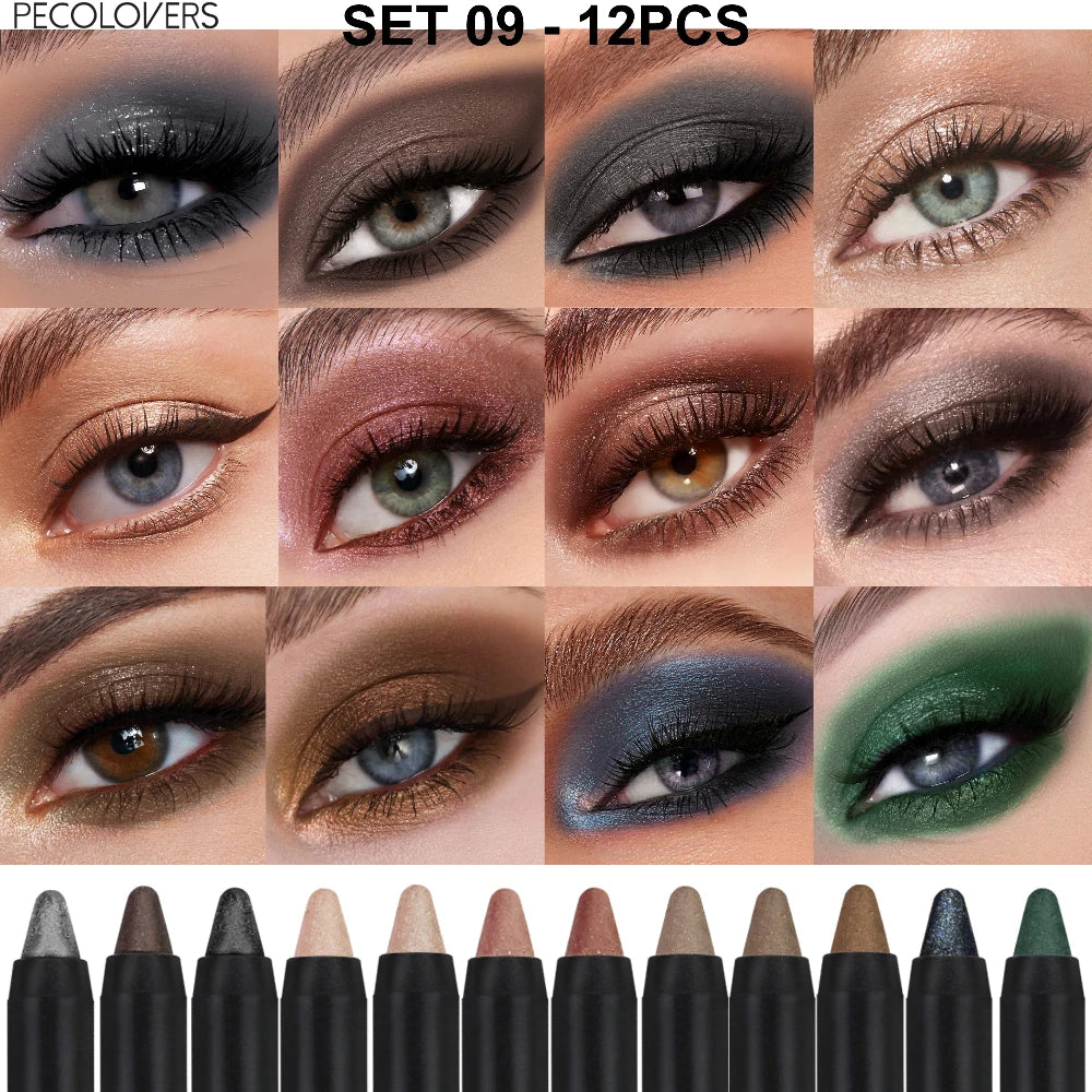 12 Pcs Double-head Highlighter Eyeshadow Stick, With Soft Brush, Brown Forest Green Midnight Blue, Colored High Pigmented Quake SET 08