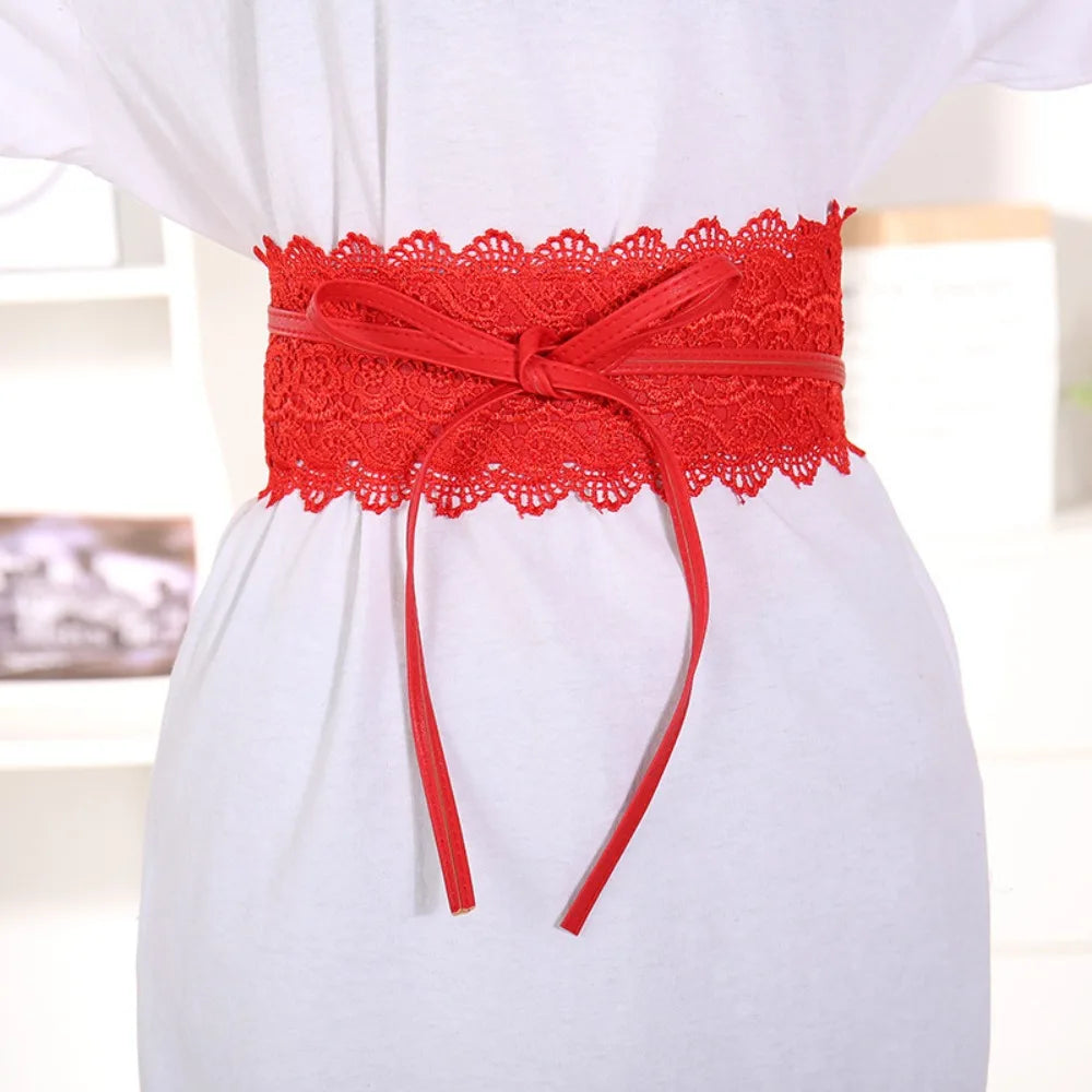 Boho Style Soft Lace Waist Belt Self Tie Wrap Around Bow Tie Belt Wide Cinched Waistband Obi Belt for Dresses Quake Red