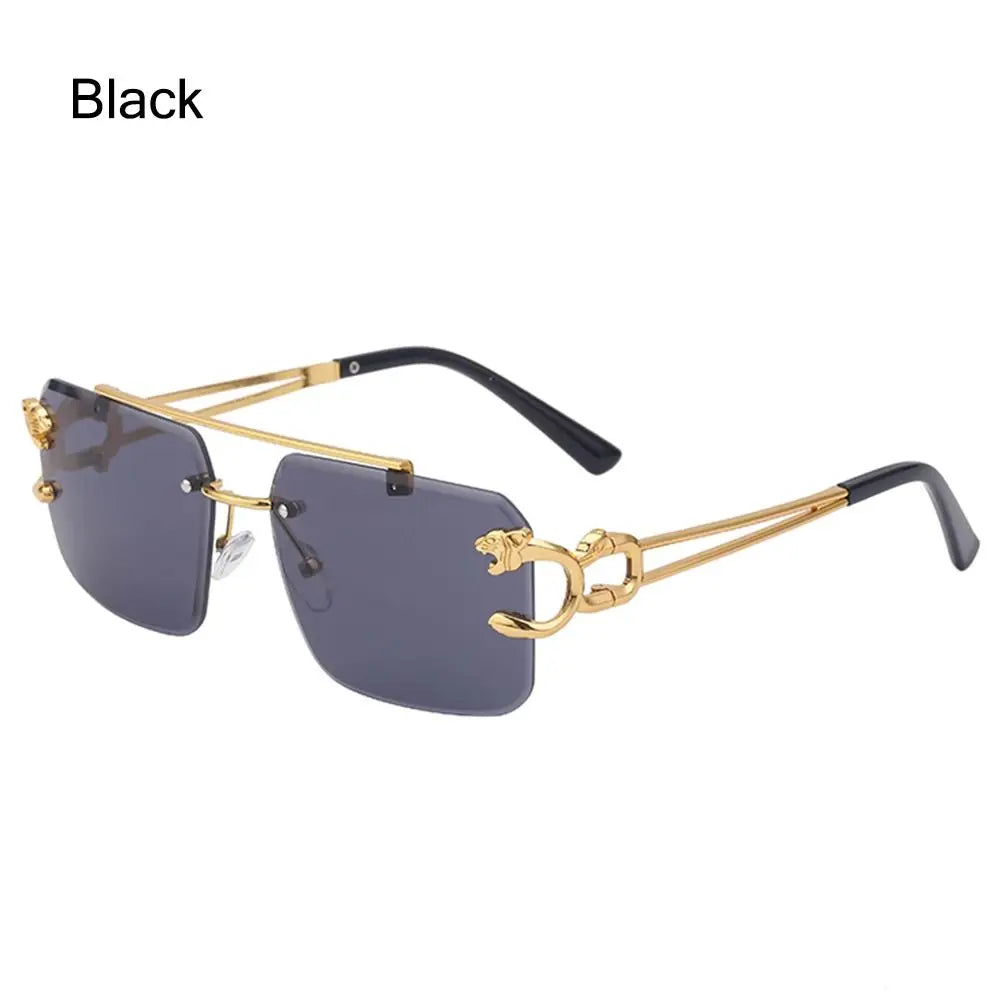 Fashion Retro Cheetah Decoration Sunglasses for Women Men Metal Steampunk Sun Glasses Summer UV400 Shades Trendy Rimless Eyewear Quake Black