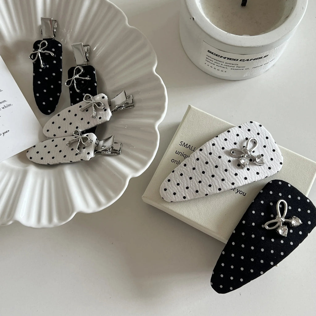 Black White Polka Dot Bow Hair Clip Korean Simple Versatile Bow Design Duckbill Clip BB Clip Elegant Temperament Bangs Hairpin Quake
