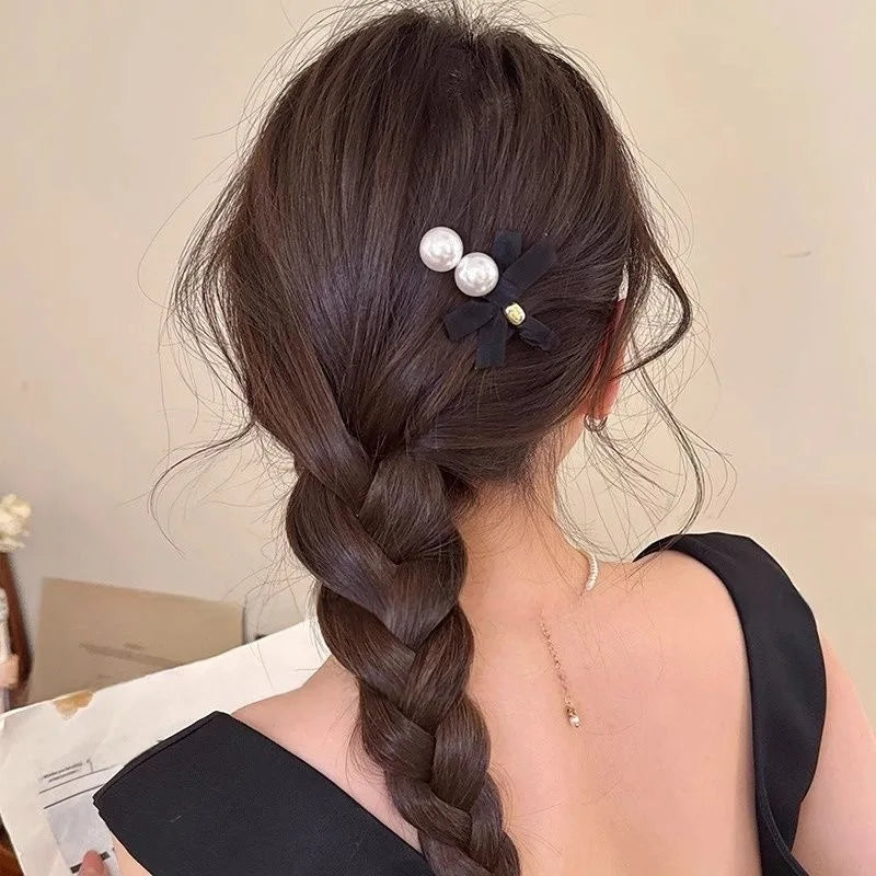 Japanese Exquisite Pearl Bow Bangs Side Clip Women Girl Sweet Duckbill Clip Versatile Temperament Hairpin Hair Style Accessories Quake