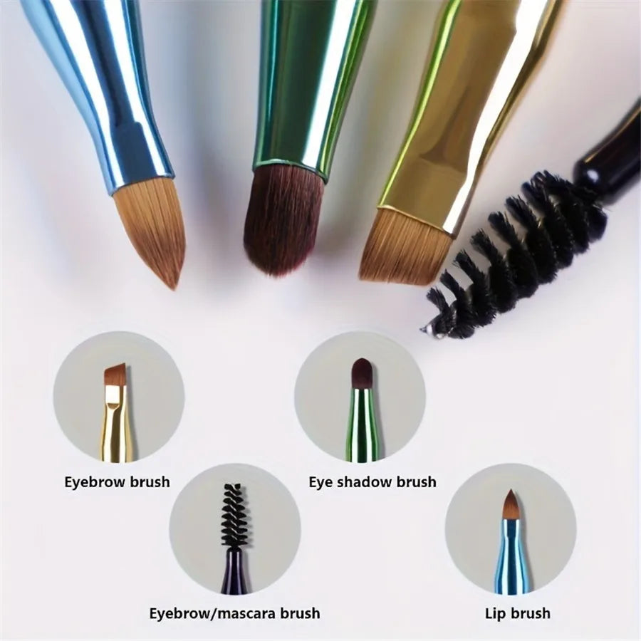 4-in-1 Portable Makeup Brush Set, Metal Handle Eyebrow & Lip Brushes with Eyelash And Eyeshadow Applicators, Travel-Friendly Quake