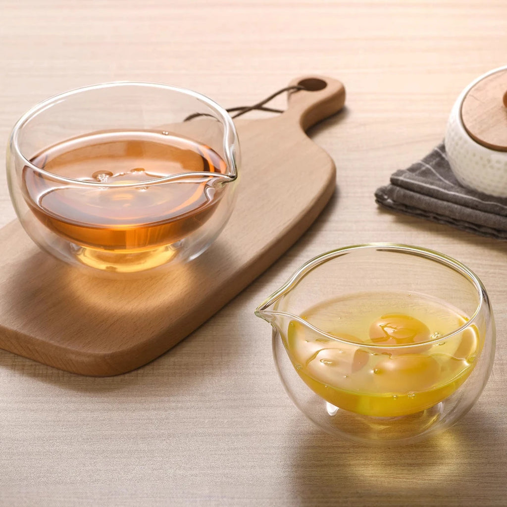 Double Wall Glass Matcha Bowl Transparent Fruits Salad Yogurt Mixing Bowl With Spout Kitchen Bowl For Egg Beating Baking Serving Quake