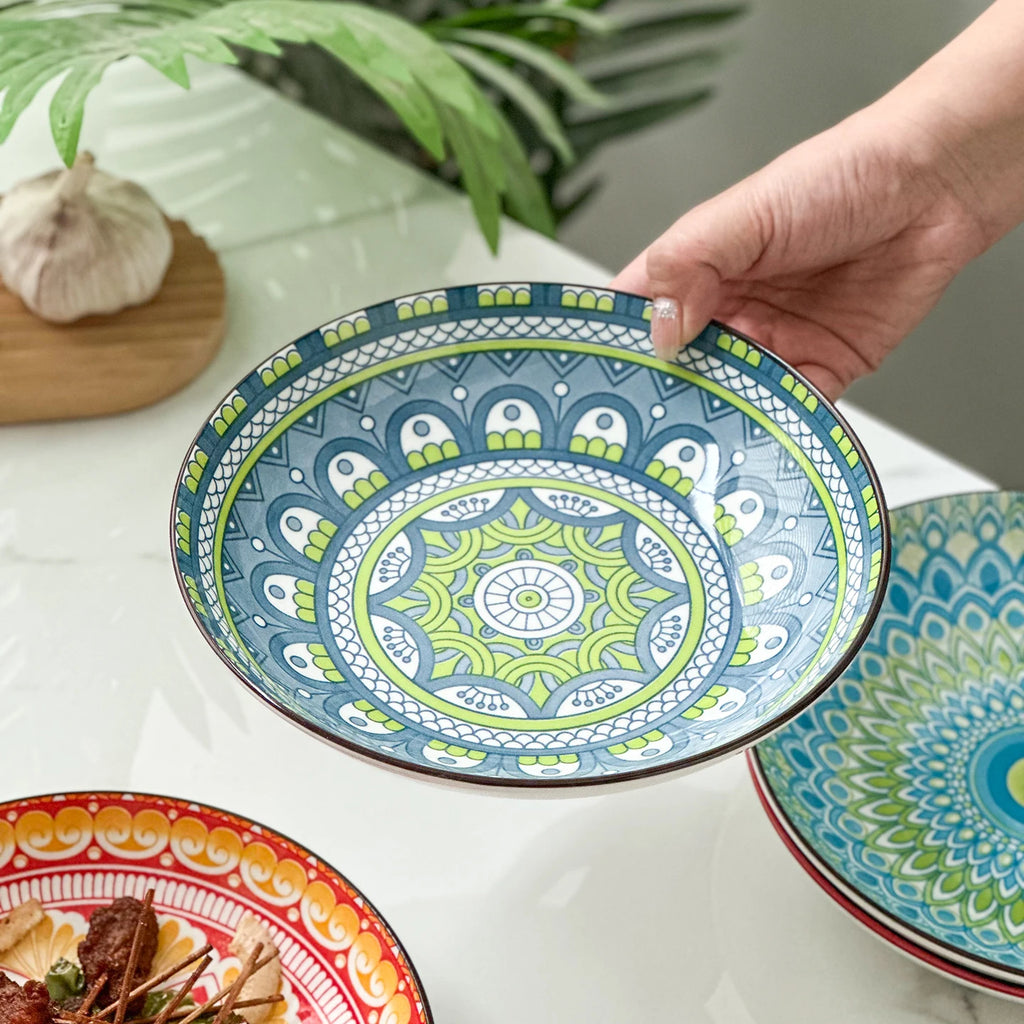 4-Piece Bohemian Pattern Ceramic Plate Set, 8.2 Inch/20.8cm, Multi-Use, Durable, Dishwasher & Microwave Safe Quake
