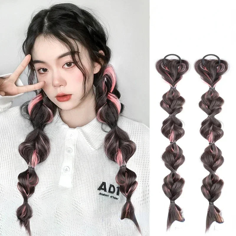 2 Pcs/set Synthetic Bubble Twist Ponytail High Elastic Wig Women Hair Side Natural Lantern Wig Braid Black Hous Tail Hairpiece Quake 2pcs pink