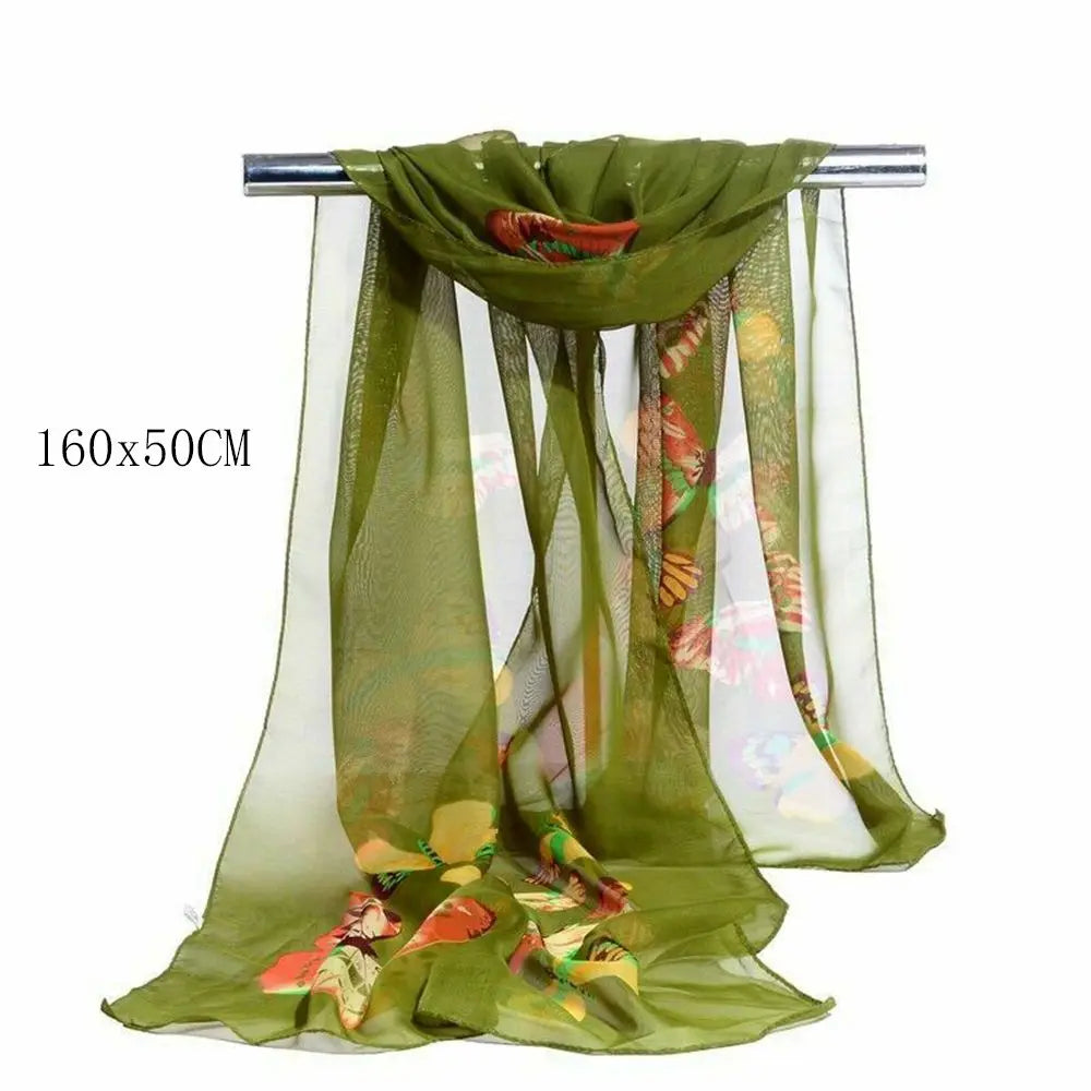 New Trendy Elegant Silk Scarves Women's Butterfly Flower Print Long Chiffon Scarf Soft Wrap Lady Shawl Fashion Accessories Quake
