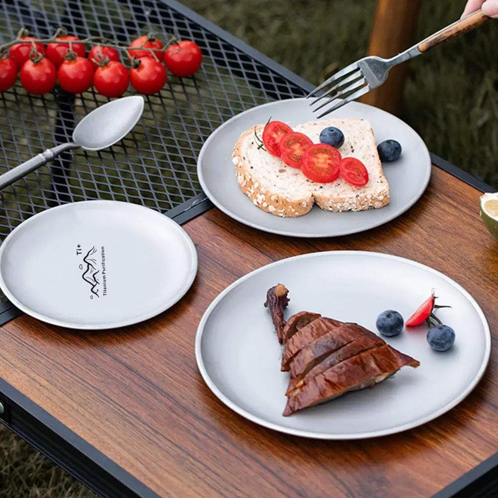 Titanium Camping Plate Multi-Purpose Creative Camping Plate For Barbecue Home Titanium Dinnerware Round Frosted Picnic Gear Quake