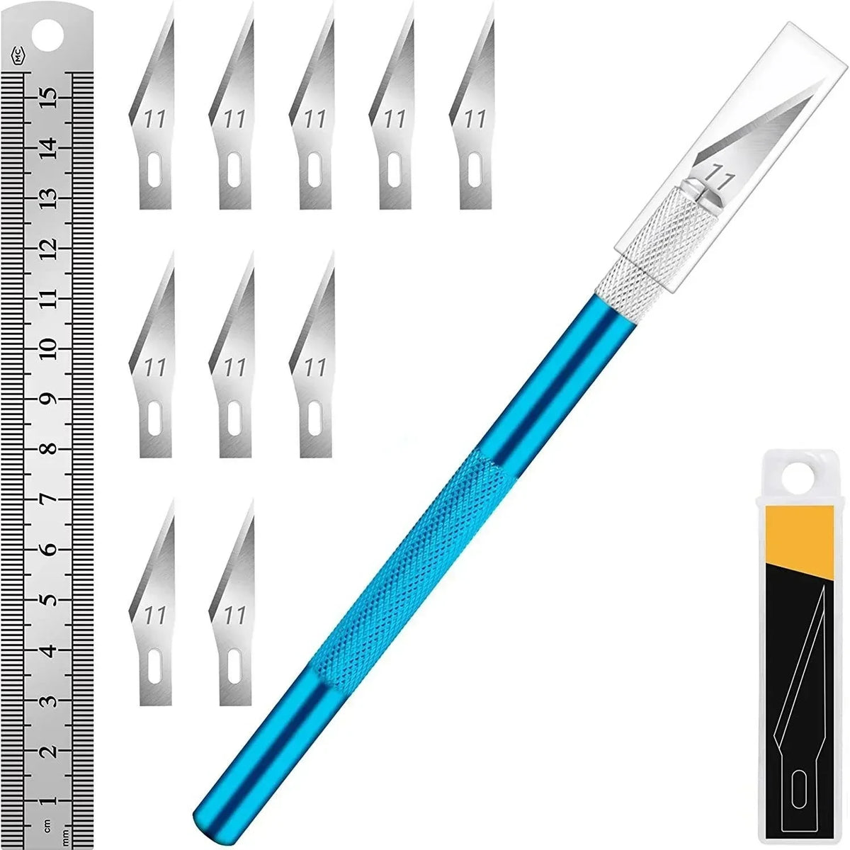 vvocci Exacto Hobby Blade Set with 11 Replacement Blades & Ruler – Precision Cutting Tool Quake M264 Blue 10 blade