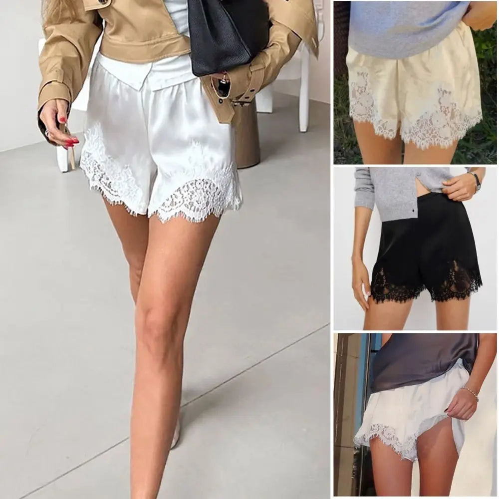 Vintage Satin Silk Lace Patchwork Shorts Lace Silky Sleep Shorts Soft Elastic Waist Women Shorts Streetwear Quake