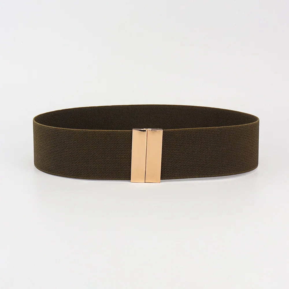 New Wide Elastic Belt Solid Color Metal Buckle Stretch Cinch Waistband Waistband Corset Belt Down Coat Quake ink gold