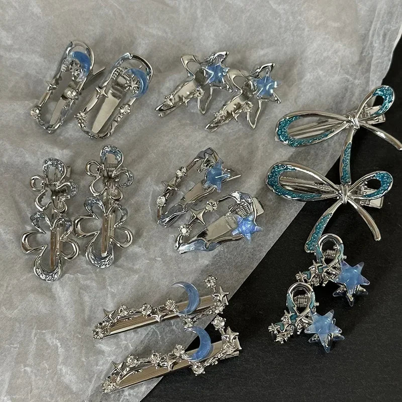 Y2K Blue Silver Alloy Hair Clip Korean Simple Girls Blue Rhinestone Star Metal Duckbill Clip Bangs Side Clip Hair Accessories Quake